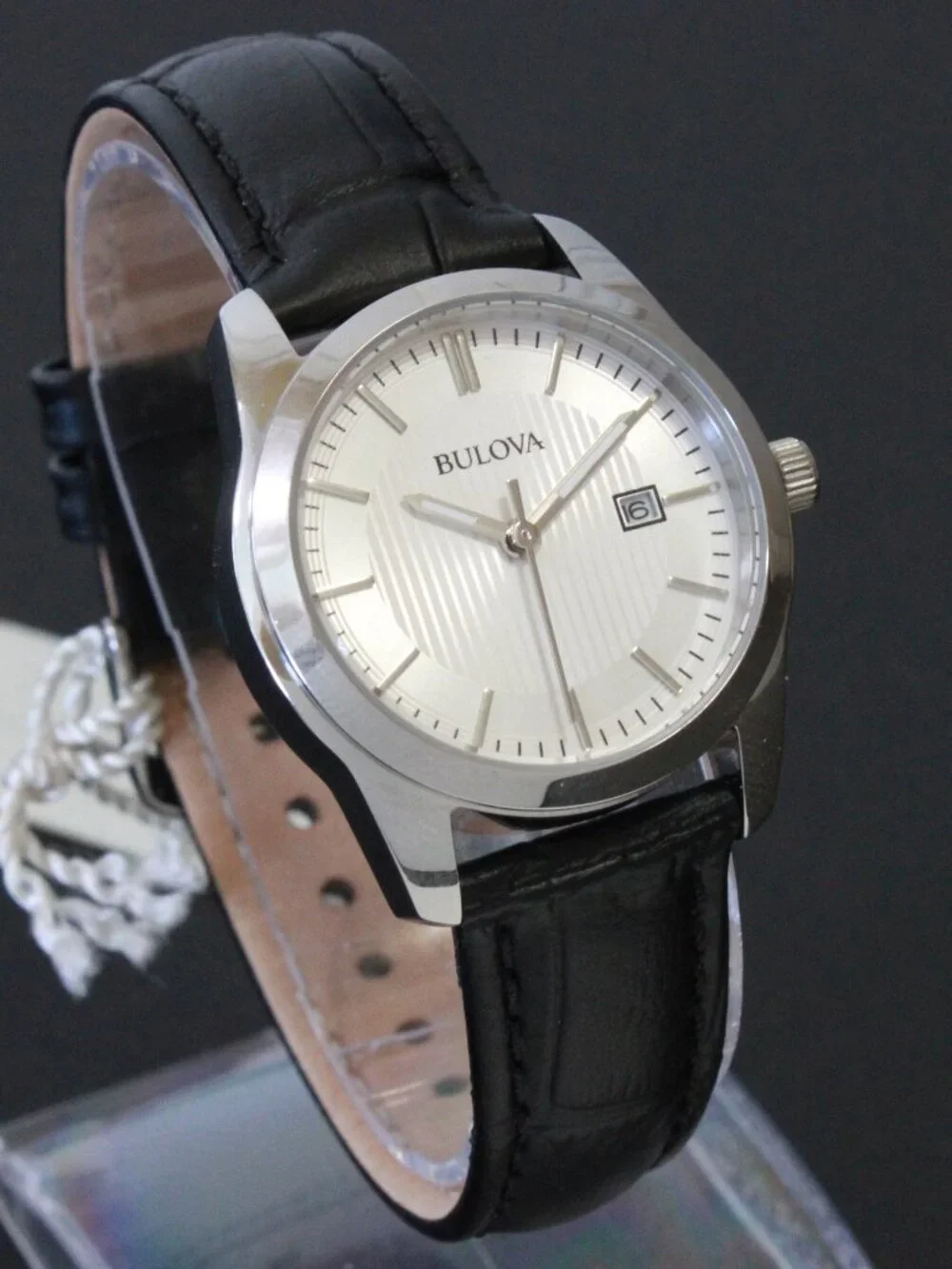 Bulova Ladies Classic Dress Watch Stainless, Silver Textured Dial, Black Strap
